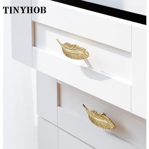 New Style Feather Knob and Handle Gold Solid Brass Dresser Drawer Pull Childrens Cabinet Door Knob Nordic Furniture Accessories