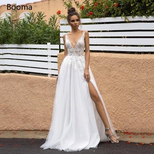 Sexy Backless Beach Wedding Dresses Plunging V-Neck Side Slit Long Bridal Gowns Lace Appliques Illusion Top A-Line Bride Dresses
