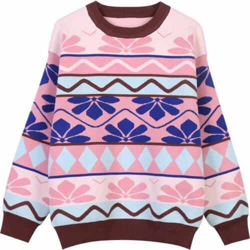 Jacquard Striped Sweater Contrast Thick Pullover 2020 Autumn Winter Warm Pullover Sweater Full Crew Neck Thick Loose Sweater
