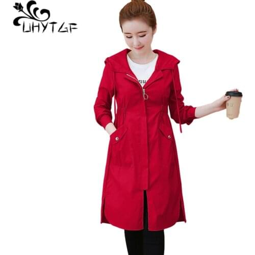 UHYTGF Thin Outerwears Female Casual Loose Spring Trench Coats Women Plus Size Windbreaker Korean Cardigan Hooded Long Tops 1523