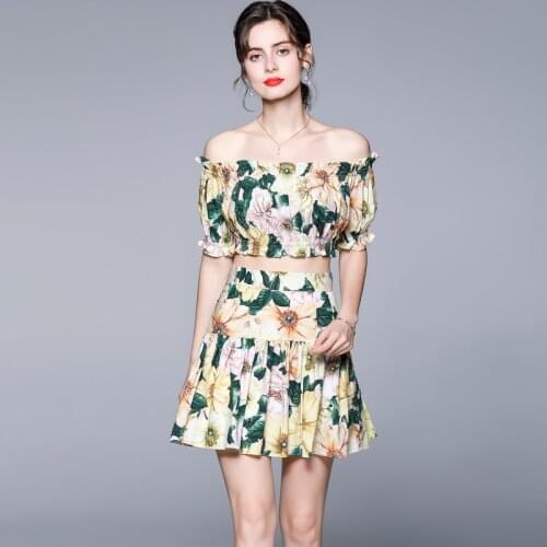 Menahem Yellow Camellia Foral Print 2 Piece Set Women Cotton Off Shoulder Crop Tops + High Waist Shorts Skirts Summer Tracksuits