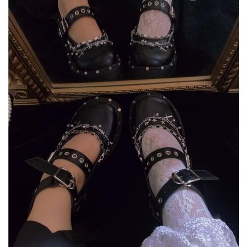 Dark Gothic Rivet Single Shoes Svintage Round Head Hallow Mouth Strap Cross Round Head Platform Shoes Women Shoes Loli Cosplay