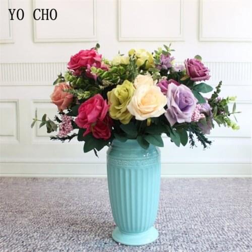 YO CHO 6 Heads Silk Roses Artificial Silk Flowers Bouquet Home Hotel Table Decoration Fake Flowers Wedding Bride Holding Florals