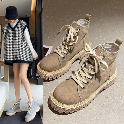 2021 Autumn Winter Street Canvas Ankle Boots Gothic Platform Shoes Short Motorcycle Boots Women Fashion Lace Up Combat Boots