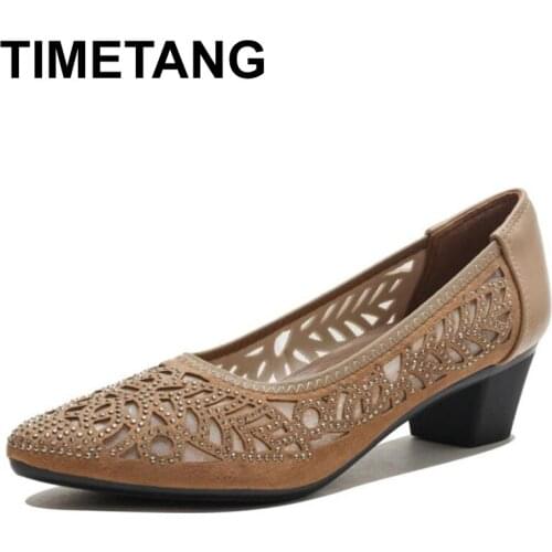 TIMETANG Women High Heel Shoes Mesh Breathable Pumps Rhinestone Pointed Toe Thick Heels Shoes Fashion Female Shoes Elegant Footw