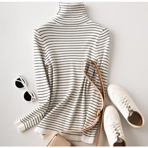 Sherhure 2020 White Knitted Striped Long Sleeve Turtleneck Women Slim Sweater And Pullovers Pull Femme Tricot