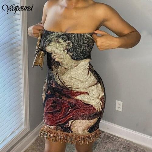 Painting Printed Wrap Chest Tight Dresses Sexy Clubwear Women Bodycon Summer Tassel Hem Dress Party Dress Back Lace Up Outfit