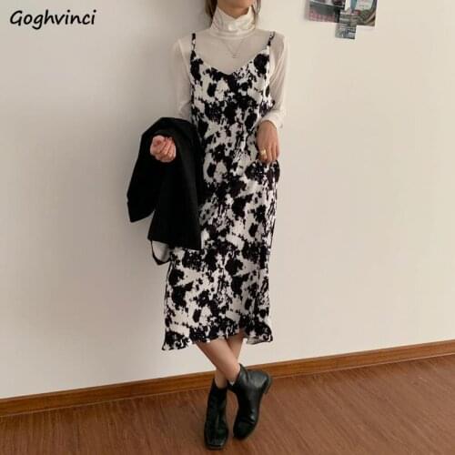 Women Sleeveless Dress Floral Print Spaghetti Strap V-neck Casual Mid-calf Length Korean Style All-match Fashion Trendy Ulzzang