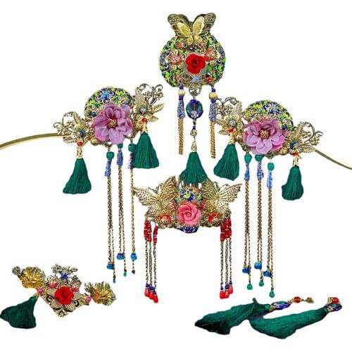 Golden Queen Crown Hairpin Set Vintage Wedding Bride Headdress Hanfu Princess Cosplay Hair Accessories