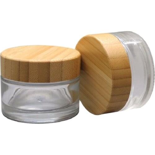 12pcs Clear Glass Jar Bamboo Lid Empty Refillable Bottle Cream Jar Handmade Bamboo Cap Cosmetic Packaging Container 15G 30G 50G