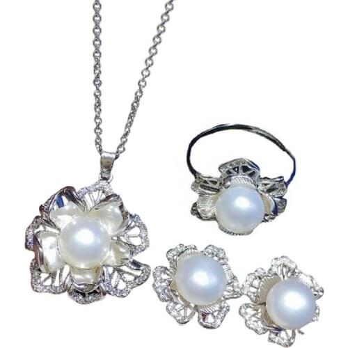 3PCS PER SET bridal jewelry set CZ natural pearl women Korean flower pendant necklace earring ring jewelry sets
