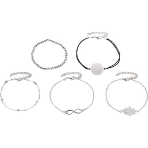 5 Pcs / Set Hollow White Geometric Alloy Beads Chain Black Rope Light Adjustable Fashion Bracelets For Women Girls