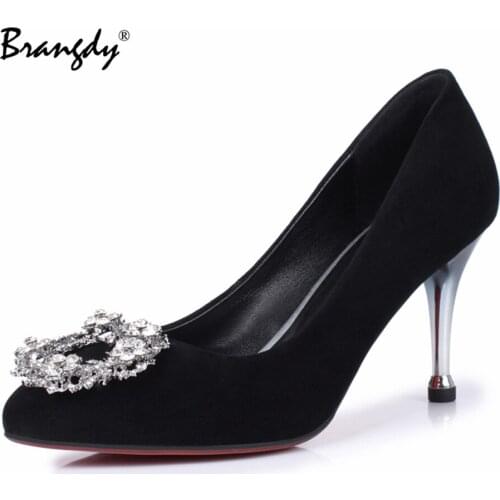 Brangdy Shoes Women Pumps Fashion Kid Suede High Heels Shoes Rhinestone Round Toe Women Wedding Shoes Ladies Stiletto Women Heel