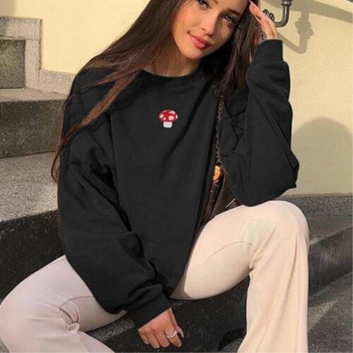 2021 Fashion Mushroom Embroidery Black O-neck Harajuku Y2k Long Sleeve Aesthetic Hoodies Korean Graphic Embroidered Sweatshirt
