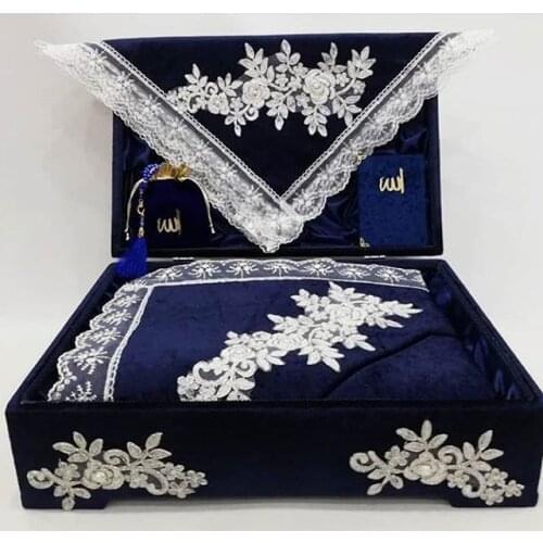 French Filet Lace Coffer Prayer Rug Set Velvet Bundle Set Navy Blue