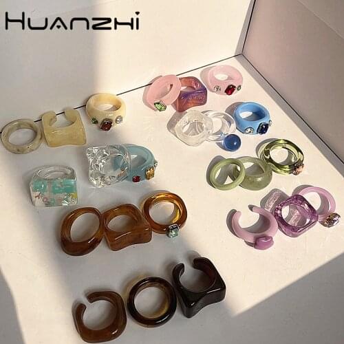 HUANZHI 2021 New Transparent Colourful Resin Set Ring Geometric Square Round Rhinestone chunky Rings for Women Vacation Jewelry