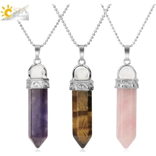 CSJA Natural Stone Healing Pendant Pointed Hexagon Column White Pink Purple Crystal Pillar Pendants Necklaces for Women Men G287