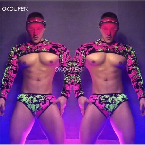 Mens Sexy Glitter Sequins Fluorescent Theme Party Gogo Costume Bar Nightclub DJ Men Dancer Group Performance Clothes