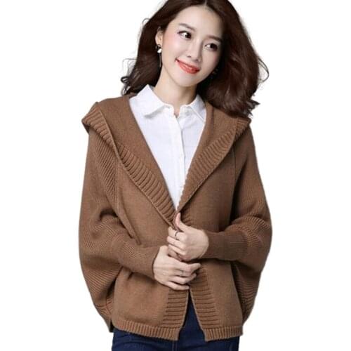 Solid Color Women Causal Loose Hooded Sweater Bat Sleeve Knit Cardigan Jacket Spring Autumn Short Sweater Coat