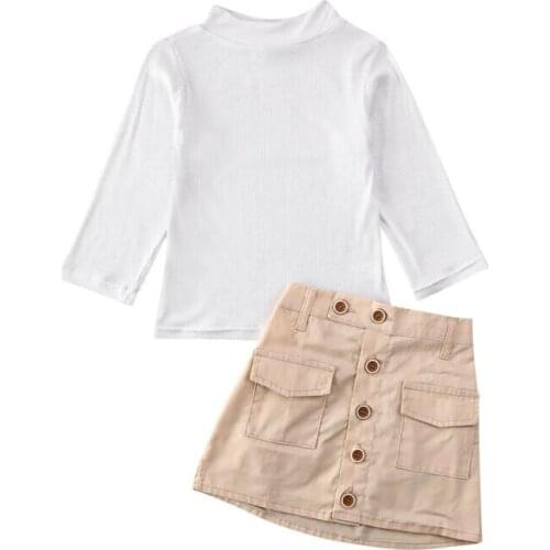 Autumn Spring Kids Baby Girls Clothes Set White Long Sleeve Tops T-shirt Button Pocket Short Mini Skirt Outfits Children Clothes