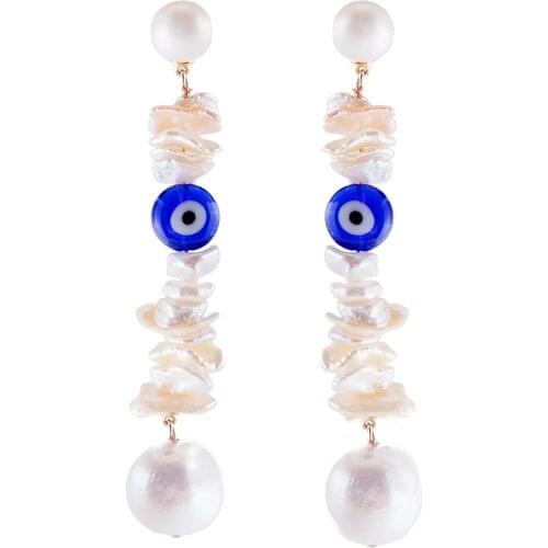 Brincos murano glass blue evil eye bead dangle drop TIMELESS PEARLY stainless steel hoop freshwater pearl earring women jewelry