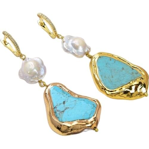 GG Jewelry natural Cultured White Flower Keshi Pearl Blue Turquoises Slice Leverback dangle Earrings