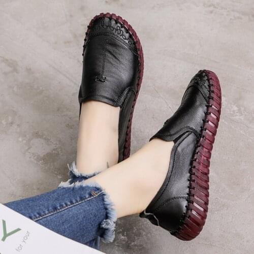 Spring Ladies Genuine Leather Handmade Shoes Women Hook & Loop Flat Shoes Women 2021 Autumn Soft Loafers Flats