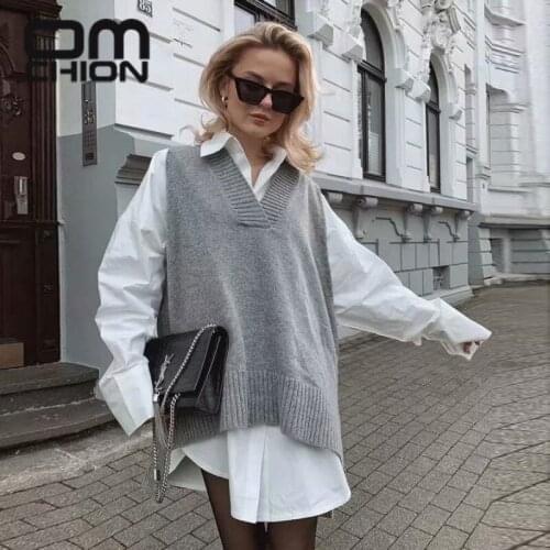 OMCHION Knit Top 2021 Spring V-neck Sleeveless Front Short Back Long Irregular Vest Top Women Oversized Korean Sweater Vest BN56
