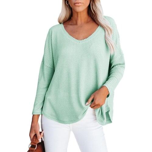 Women Blouse Waffle Pattern Solid Color Autumn V Neck Long Sleeve T-shirt Streetwear Black/green/ grey/ wine red Tops
