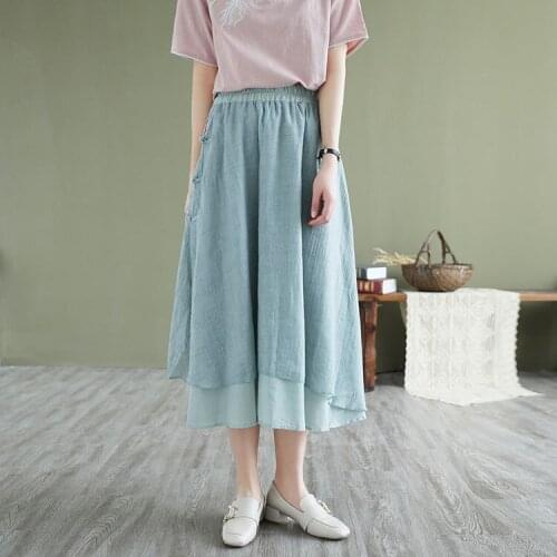 2021 Summer Women Skirt China Style Vintage Double Layer Cotton And Linen Literary Loose Skirts Women