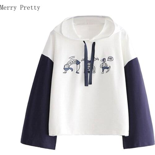 Harakuju Graphic Casual Cotton Hooded Sweatshirt For Women 2021 Summer Patchwork Hoodies Female Casual Drawstring Pullover Top