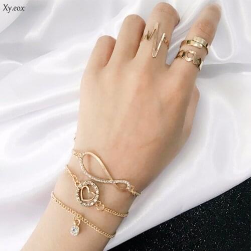 Womens Gold Crystal Heart Bowknot Bracelet and ECG Ring Jewelry Set Gift