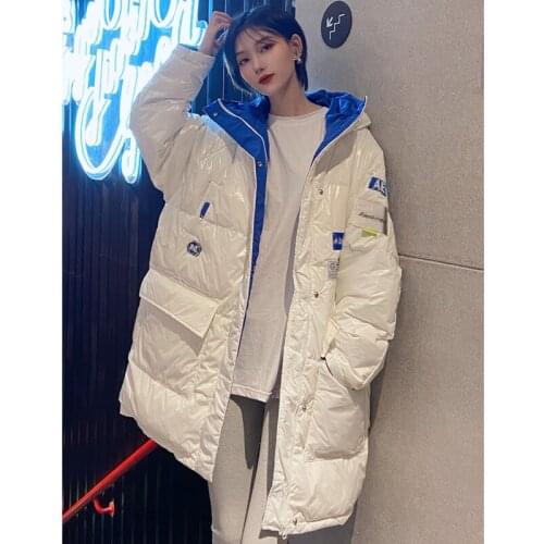 Winter Down Jacket Womens Middle Long Color Contrast Korean Loose Bright Face Hooded Bread Jacket White Duck Down Jacket Women