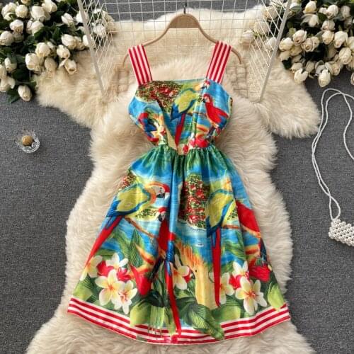 Europe Style 2021 Summer Womens Sleeveless Floral Birds Print Spaghetti Straps A Line Dress Female Vacation Party Dresses