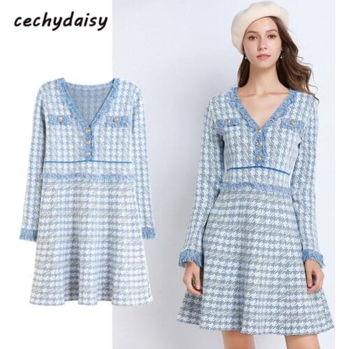 Sweater dress Houndstooth Women Autumn Winter female Vintage Plaid Elegant office dress long sleeve warm knitted dresses vestido