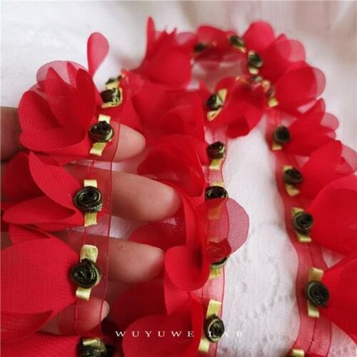 1M 4cm Wide 3D Chiffon Red Pink Petal Flowers Lace Dress Decoration Lace Fabric Ribbon Applique Trimming Webbing Sewing Supplies