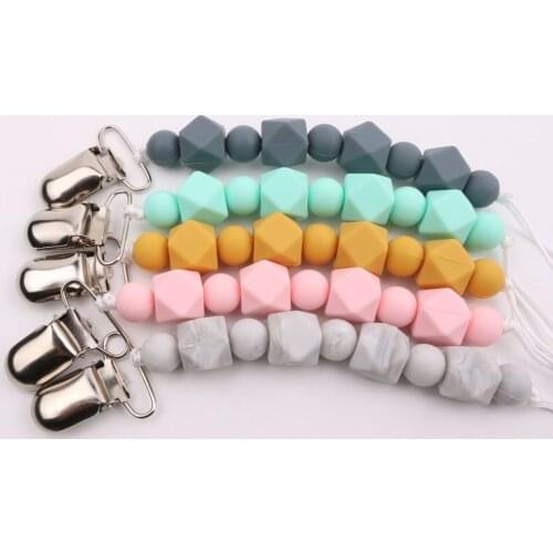 5Pcs Solid Baby Pacifier Chain Silicone Teether Anti-drop Beech Wood Clip Leash Strap Nipple Holder For Infant Nipple Bottle