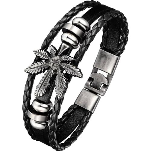 Bluelans Vintage Punk Faux Leather Bracelet for Men Women Maple Leaf Charm Bangle Cuff