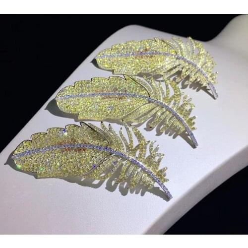 Yellow color feather brooch pins 925 sterling silver with cubic zircon fine jewelry for coat dress free shipping