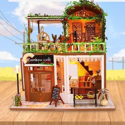 Kids 1:24 DIY Wood Handmade Dolls House Model Building Kits The Rainbow Coffee with Model Handcrafts Gift For Children Adult