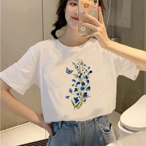 Womens T-shirt colorful flower Fashion Print T-shirt Ladies Casual Harajuku Graphic T-shirt Short Sleeve cute T-shirt Female