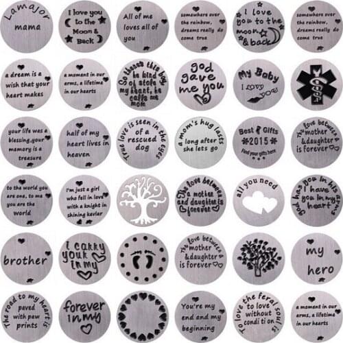 Hot selling 16mm stainless steel random mix 20pcs different designs disk window plate fit 25mm floating memory lockets