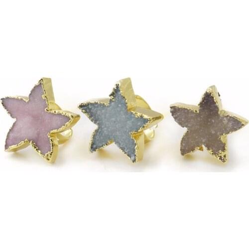 Druzy Fashion Natural Stone Pink Tourmaline star Ring Handmade Jewelry gray Color Ring for Women Party Gift Wedding