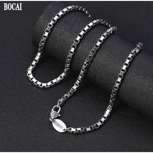 BOCAI New 100% S925 Silver Jewelry 2021 Trend 4MM Box Chain Fashion Distressed Six-character Mantra Vajra Man and Woman Necklace