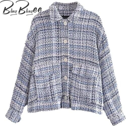 BlingBlingee Autumn Womens Small Fragrance Style Single-Breasted Plaid Texture Shirt Loose Lapel Jacket Pocket Coat Outfits