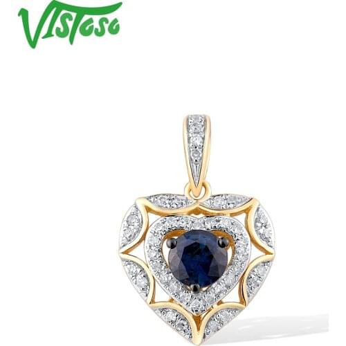 VISTOSO Genuine 14K Yellow Gold Pendant For Woman Shiny Diamond Blue Sapphire Exquisite Heart Necklace Pendant Gift Fine Jewelry