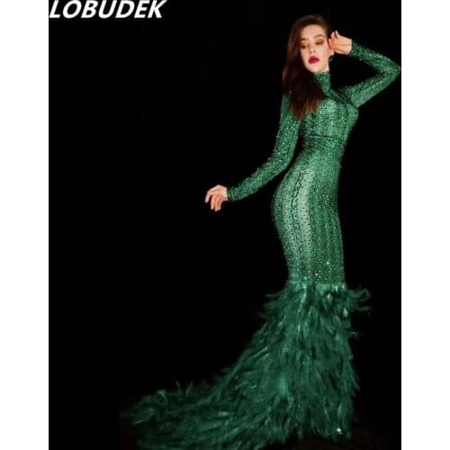 Christmas one-piece Rhinestones red Feather Dress Women Birthday Celebration Evening Party Long Dresses Singer Stage Costume