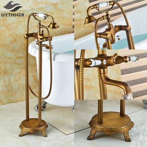 Uythner Trumpet Shape Handheld Spray Bathtub Faucet with Carved Ceramic Style Handles Antique Brass Finish