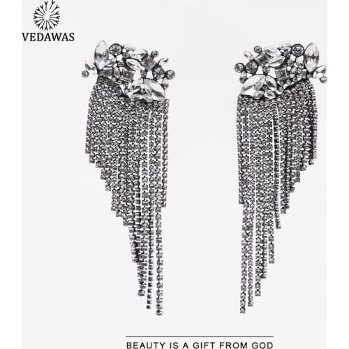 Vedawas 2021 ZA Appliques Jewelry Earrings for Women Boho Luxury Crystal Shiny Fringed Tassel Earrings Dress Bijoux Party Gifts