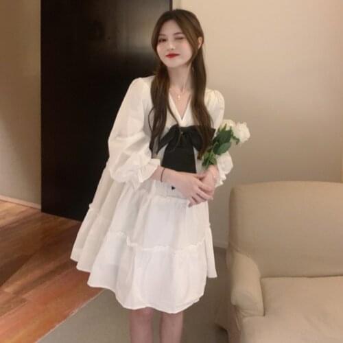 Japanese Girl 2021new Sweet V-neck Bow High Waist A- line Cake Dress White Dress for Women Summer victorian dress